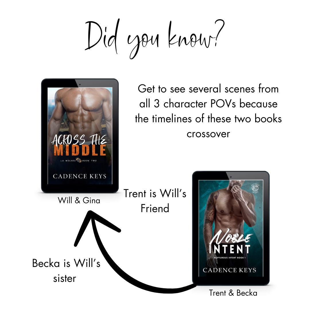 Two book covers displayed on tablets with text about character relationships and book crossover.