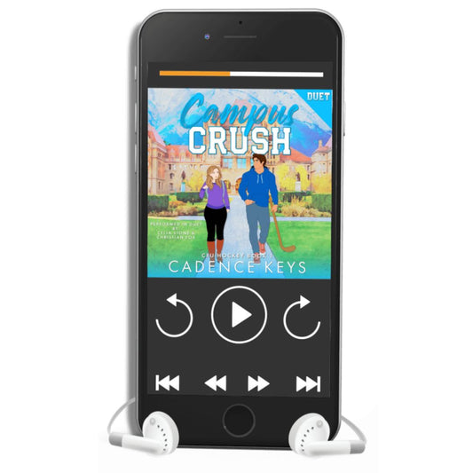 audiobook cover of Campus Crush shown on a smartphone with headphones at the bottom.