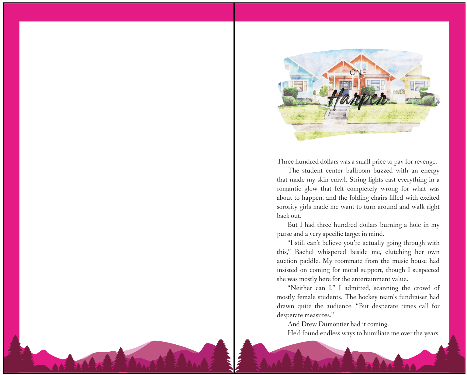 Image of the interior pink border with pink trees at the bottom and an art swipe showing the house background from the cover behind the chapter number.