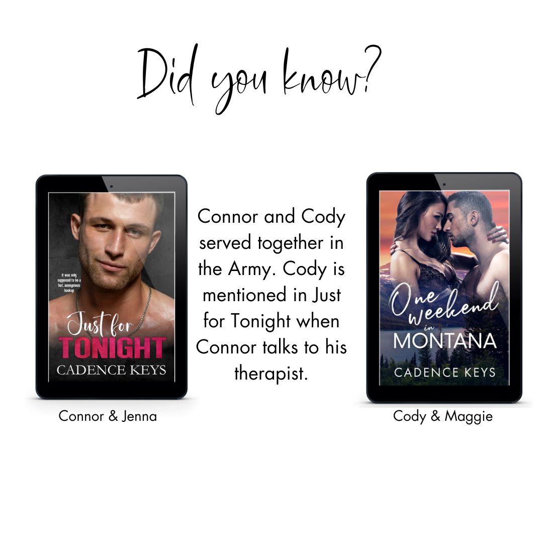 Two book covers displayed on tablets with text about characters Connor and Cody from Cadence Keys' novels.
